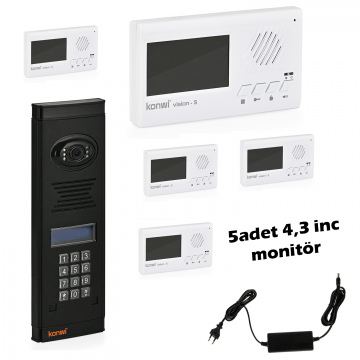 Görüntülü Diafon Seti Apartman Tipi 5 Daire Set Vsions 4,3 Monitör Zil paneli şifreli Kameralı 40w