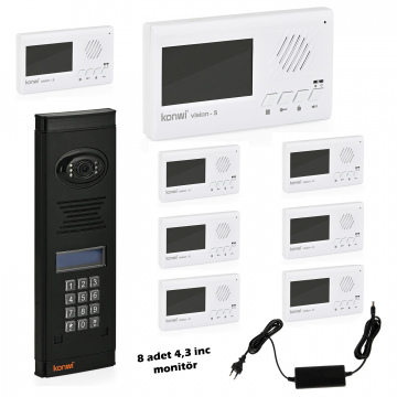 Görüntülü Diafon Seti Apartman Tipi 8 Daire Set Vsions 4,3 Monitör Zil paneli şifreli Kameralı 40w