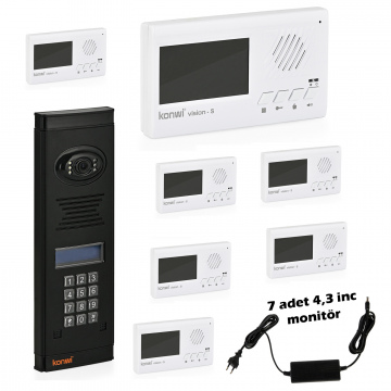 Görüntülü Diafon Seti Apartman Tipi 7 Daire Set Vsions 4,3 Monitör Zil paneli şifreli Kameralı 40w