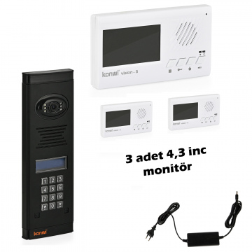 Görüntülü Diafon Seti Apartman Tipi 3 Daire Set Vsions 4,3 Monitör Zil paneli şifreli Kameralı 40w